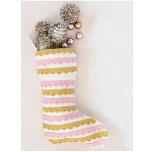 CREATIVE CO-OP NWT applique scallop wool felt stocking w/ beads -pink/mustard